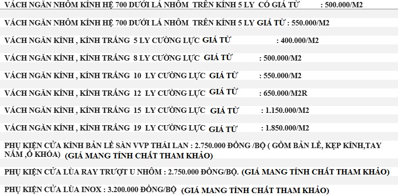 Bảng báo giá cắt kính cường lực, kính thủy lực, cửa nhôm kiếng năm 2019 hiện nay - ảnh mang tính chất tham khảo